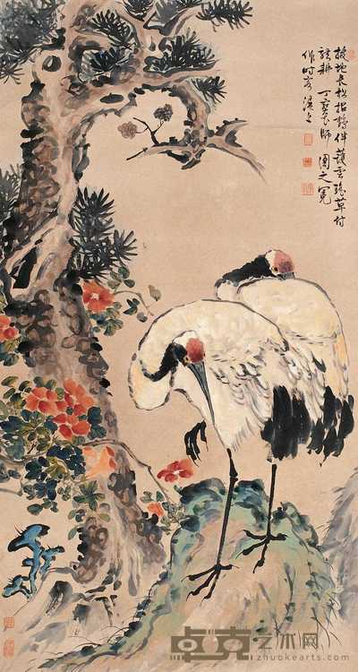 丁宝书 松鹤芝寿图 立轴 145×78cm